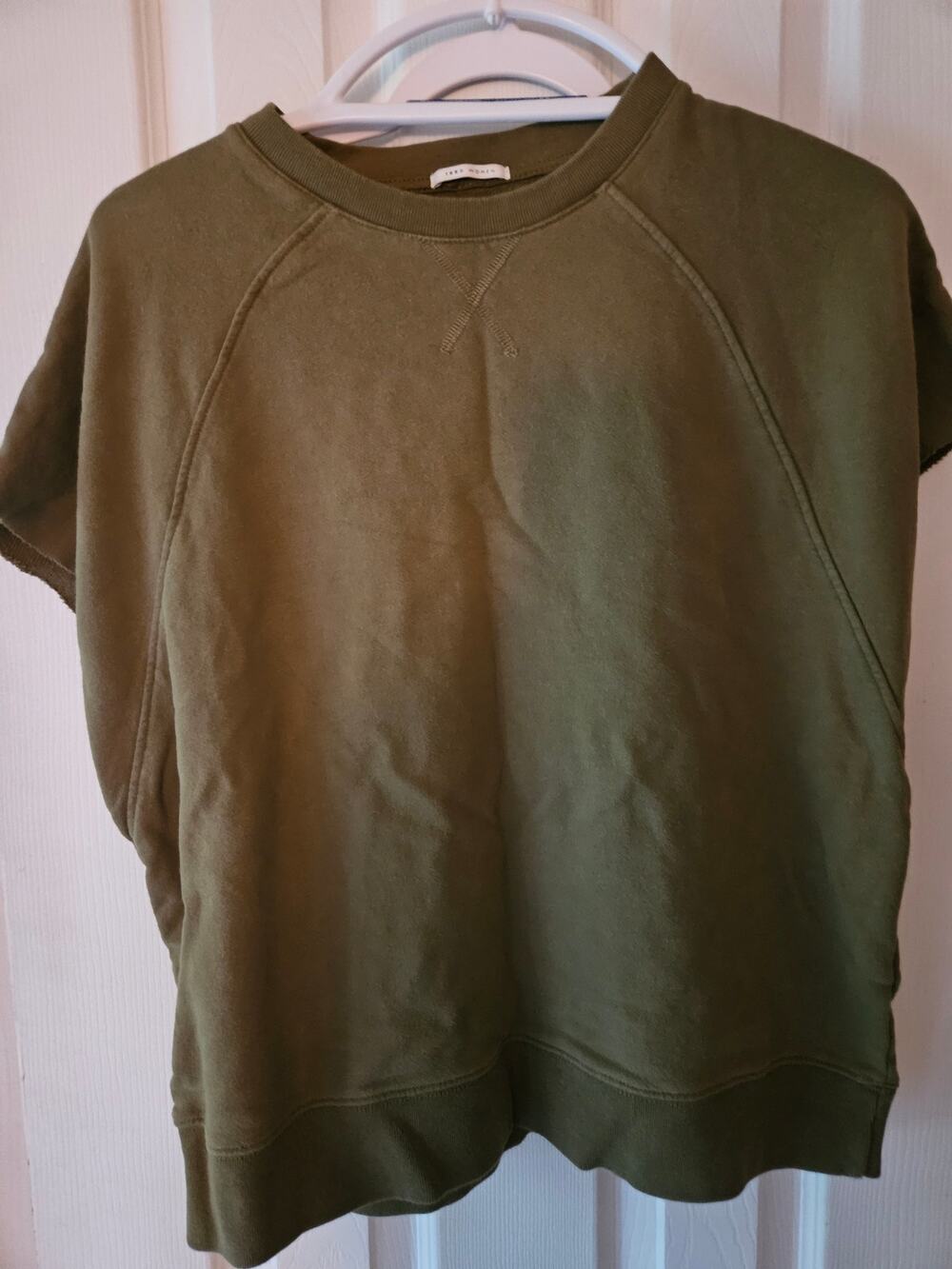 IKKS Women L Olive Green Oversized Short Sleeve Sweatshirt Cotton $105